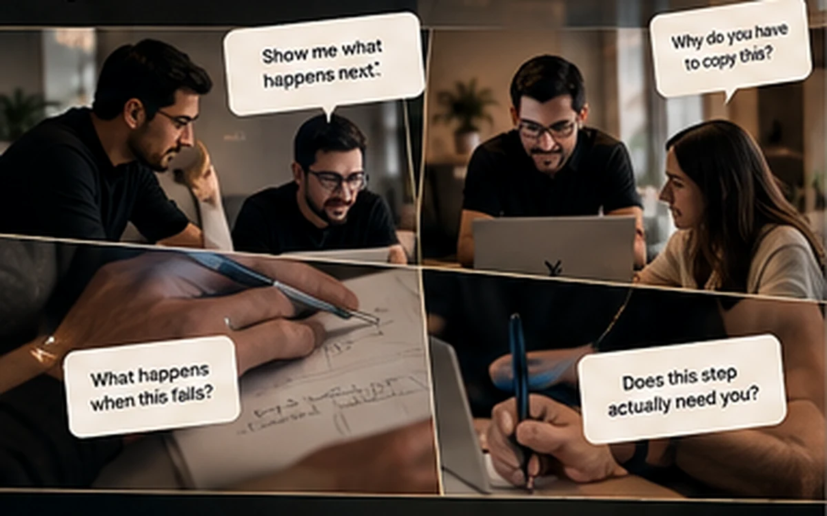 People discussing a workflow together at a table