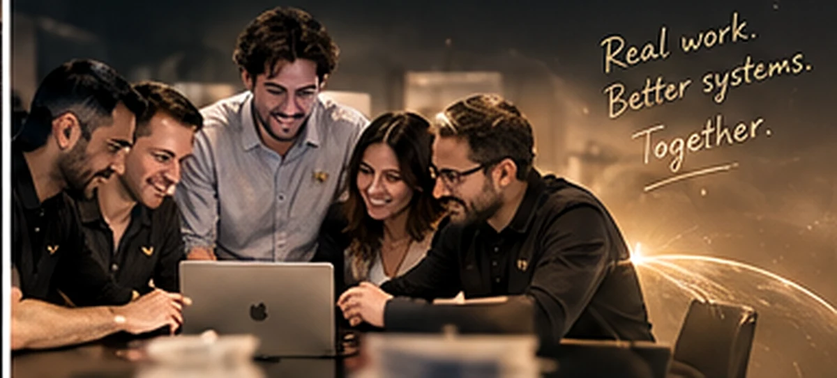 Working-session brand imagery: people collaborating around a laptop